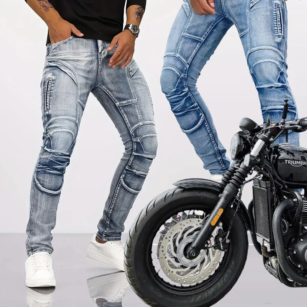 

Street Elastic Jeans Men Denim Cargo Pants Wash Solid Color Multi Pockets Casual Mid Waist Trousers Slim Fit Daily Wear Joggers