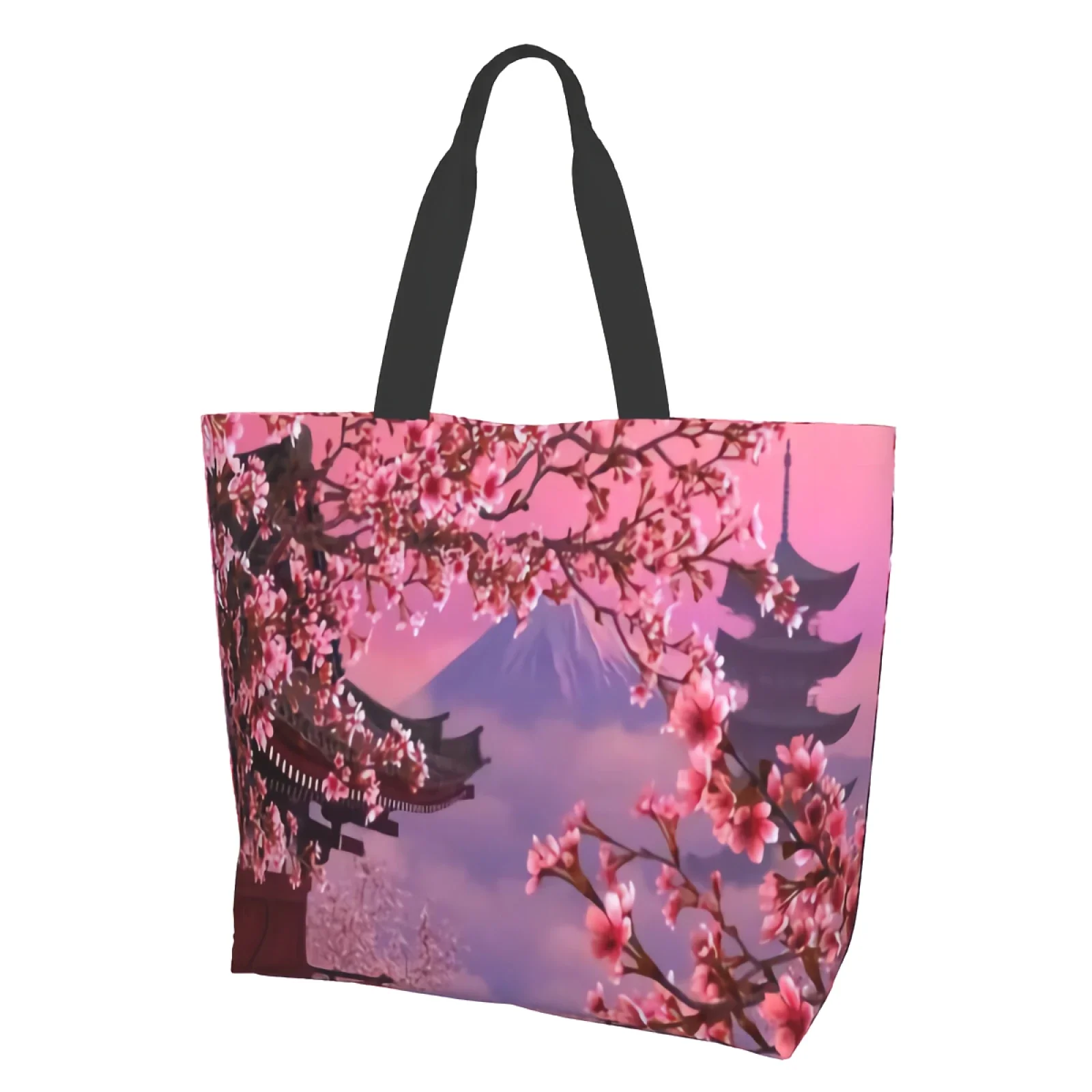 Pink Cherry Blossoms Japanese Towel Tree Mount Fuji Sakura Canvas Tote Bag Reusable Grocery Bags Bulk Large Casual Shopping