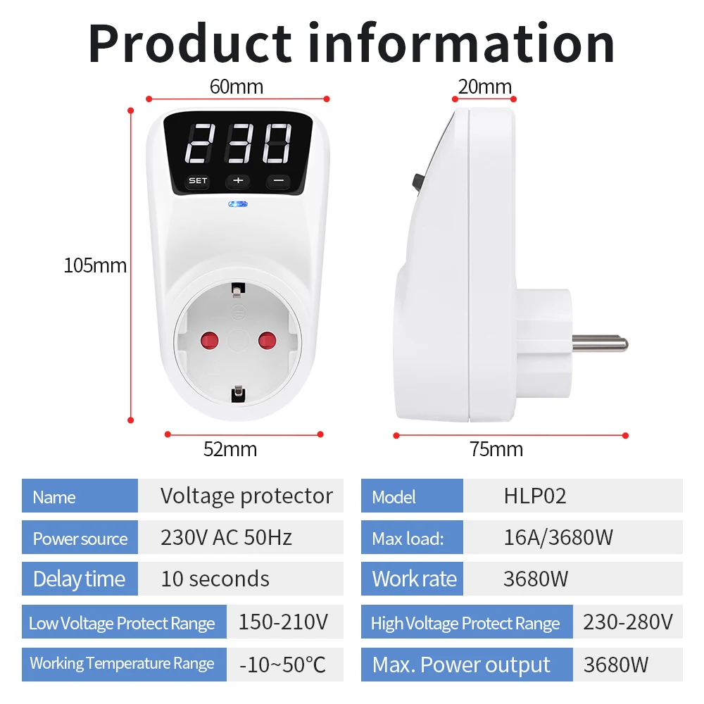 Automatic Voltage Protector Switch 16A 230V Adjustable Power Surge Protection EU Socket Type Volt Safe For Home Appliances