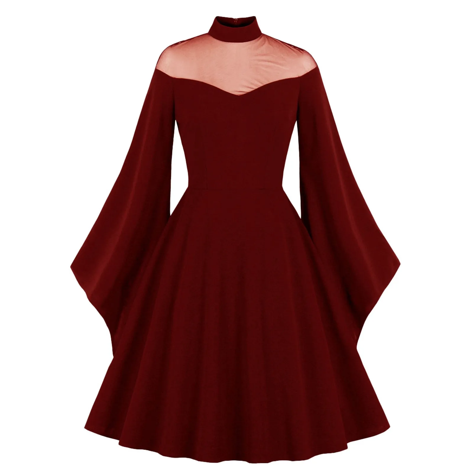 Women's Rockabilly Long Punk Swing  Solid Color V Neck Vintage Dresses Pagoda Sleeve Women Gothic Party Costumes Dress