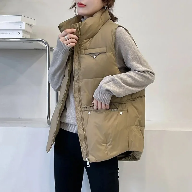 2024 New Winter Puffer Vest Pocket Women's Korean Down Cotton Padded Jacket Waistcoat Stand Collar Parkas Casual Overcoat Top