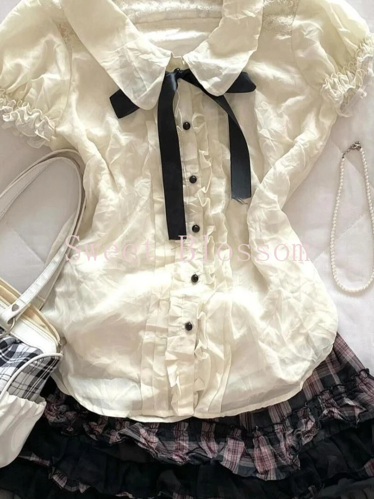Japanese Sweet Y2K Kawaii 2 Piece Set Women Bow Lovely Tops + Plaid Lace Skirt New Fashion Vintage Slim Chic Outfits Summer 2025