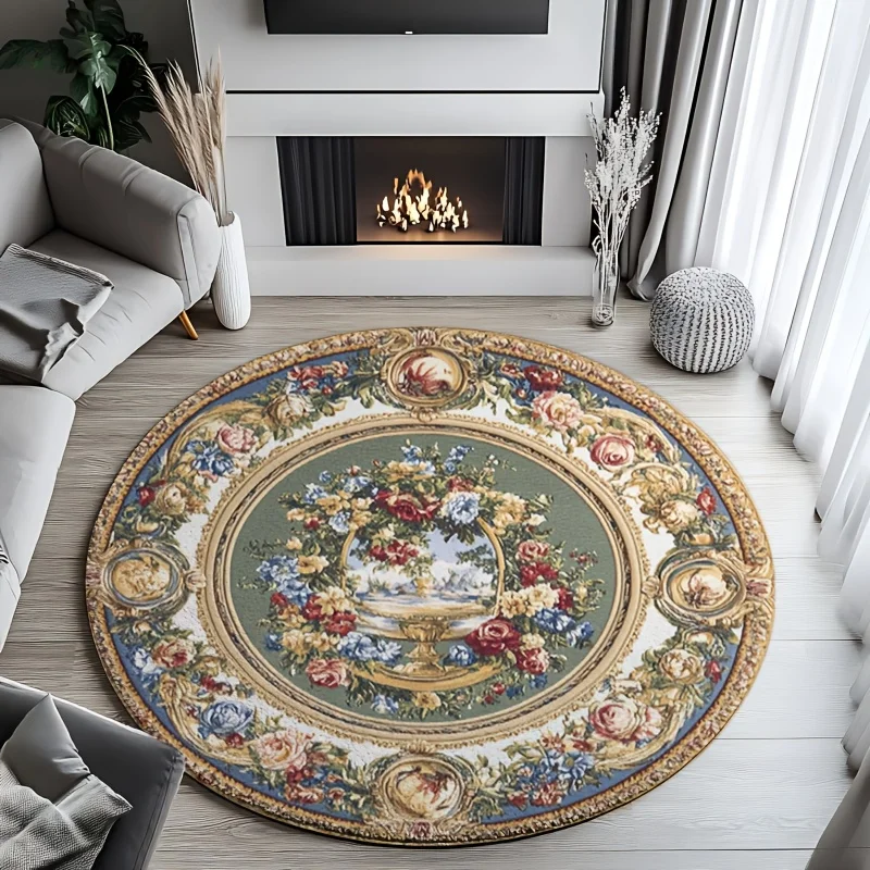 Flannel Printed Round Rug Classical Floral Design European Palace Style Elegant Home Decor Soft Floor Mat For Living Room