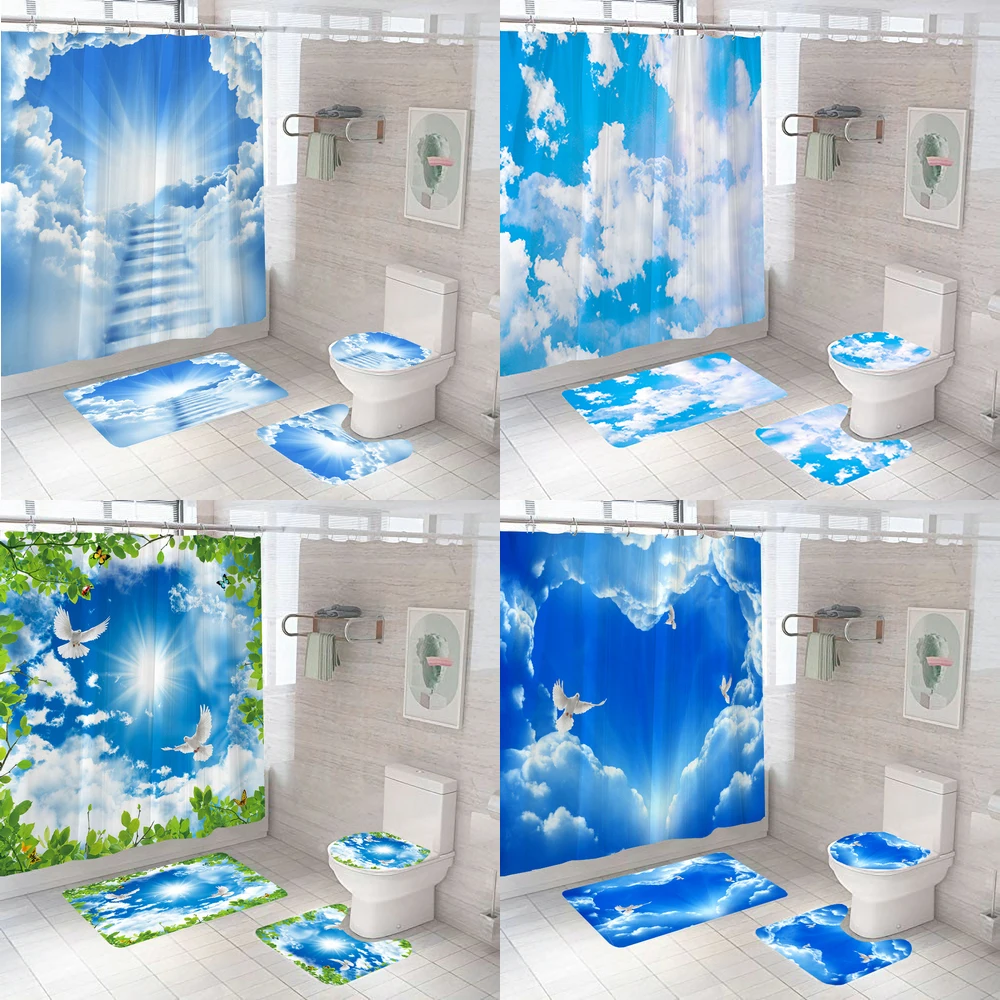 

Sunny Blue Sky Clouds Scenery Shower Curtain Sets Non-Slip Rugs Bath Mat Toilet Lid Cover Waterproof Polyester Bathroom Decor