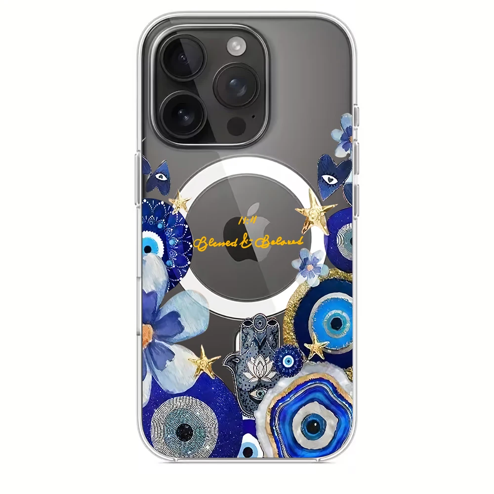 Blue Evil Eye & Floral Phone Case For iphone 17 14 15 16 11 12 13 Pro Max 17 Air 15 14 16 Plus 15 17 16 Pro Magnetic TPU Cover - view 2