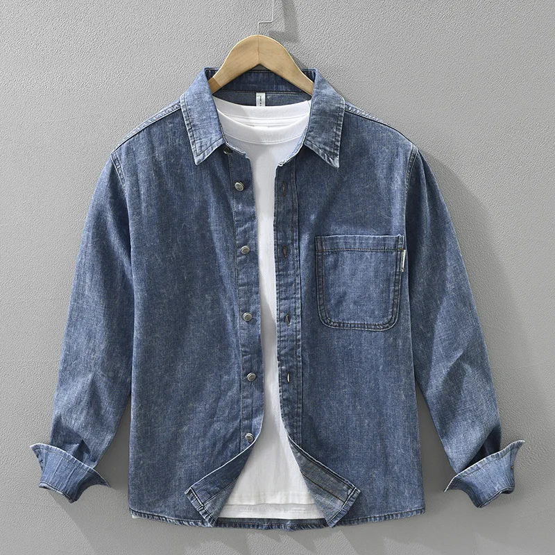 

100%Cotton Denim Shirts Male Spring Fall Streetwear New in Shirts Japanese Retro Long Sleeve Jean Shirt Casual Top High Quality