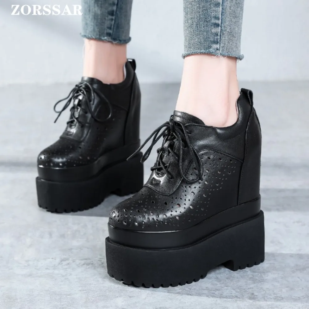 16cm Genuine Leather Platform Hidden Wedge Pumps Chunky Sneaker White Casual Shoes Comfortable Breathable Spring Autumn Shoes