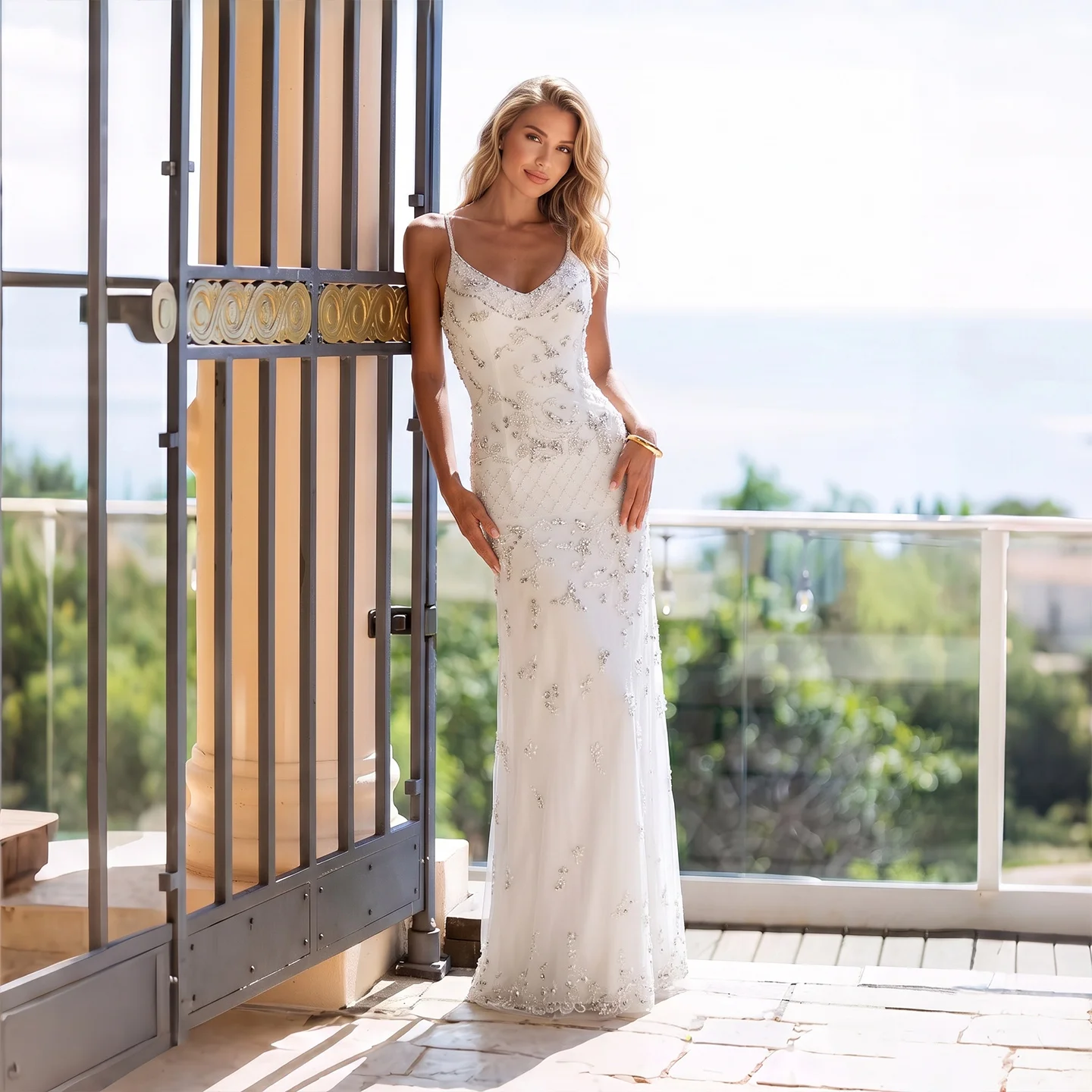 Sharon Said White Spaghetti Straps Evening Dresses Beaded Pearl Crystal Floral Floor-Length Formal Party Gowns SS576 Customized