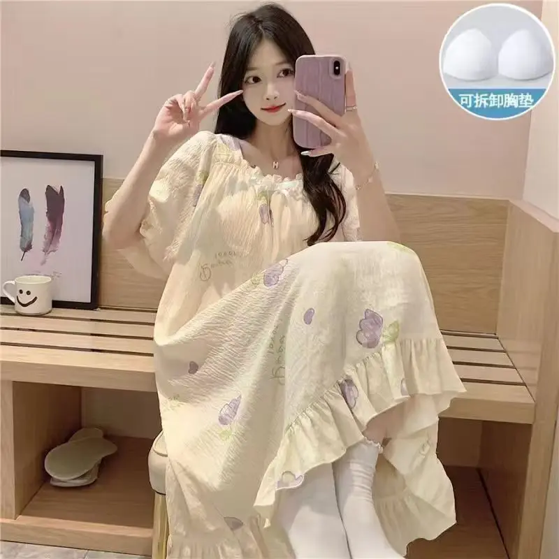 

Mid-length Nightgown for Women Summer Cartoon Cute Bow Short-sleeved Pajamas Thin Home Clothes Ladies Pyjamas Chemise Gifts Hot