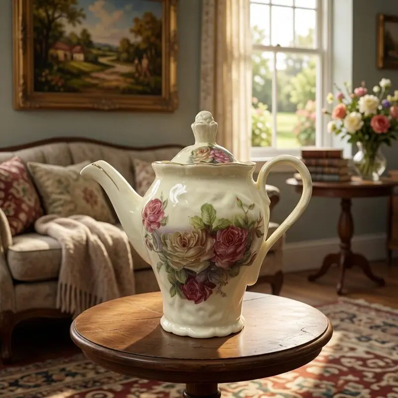 European-style ceramic coffee and tea pot with ivory yellow 3D petal design, 400ml capacity