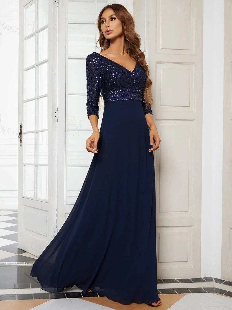 Elegant Evening Dresses Long V Neck Three Quarter Sleeve A-Line Gown 2024 Ever Pretty of Sequin Chiffon Simple Prom Women Dress