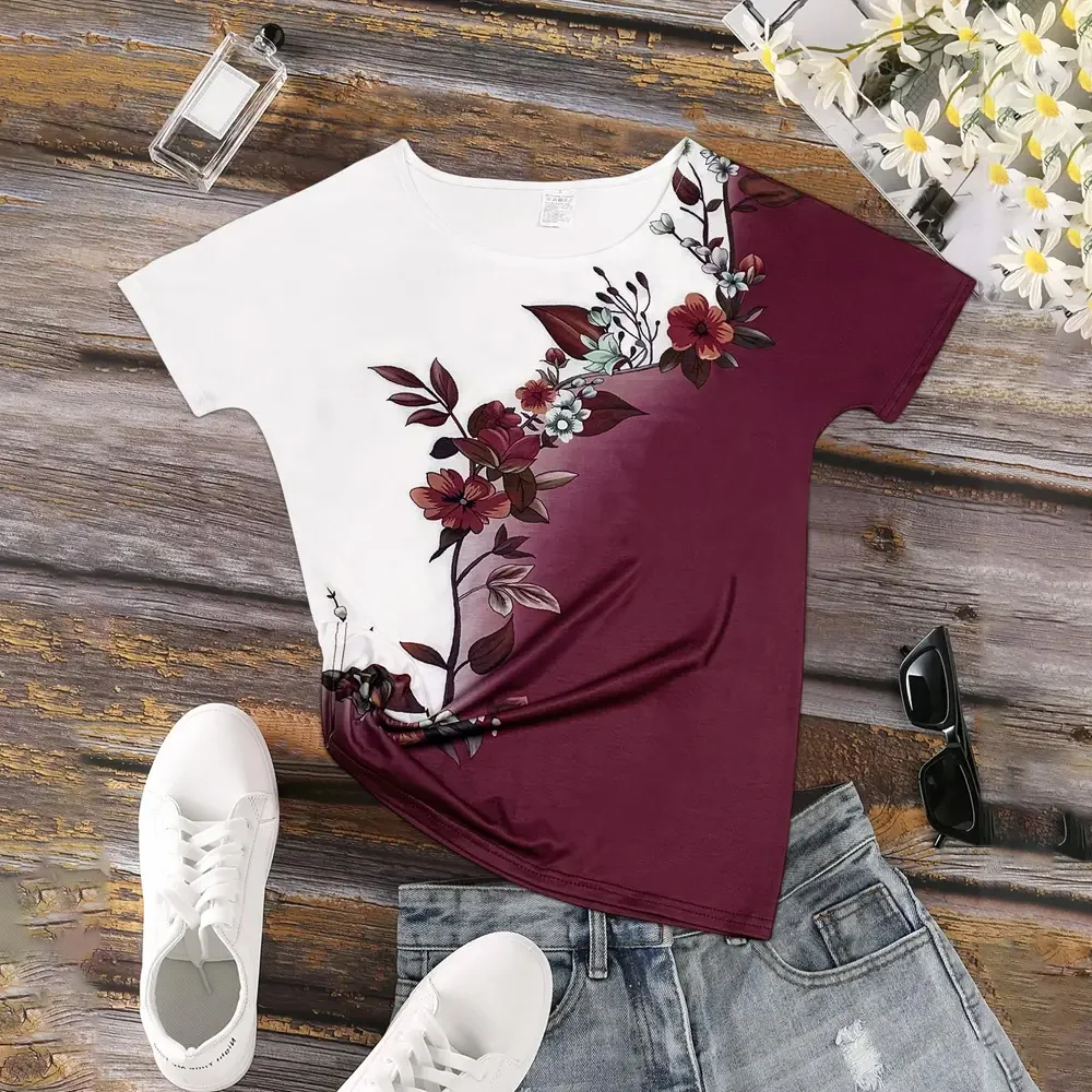 2024 neue frauen Farbe Block T-shirt Sommer Mode kurzarm Top Blume Drucken Lose Kleidung frauen Party T-shirt