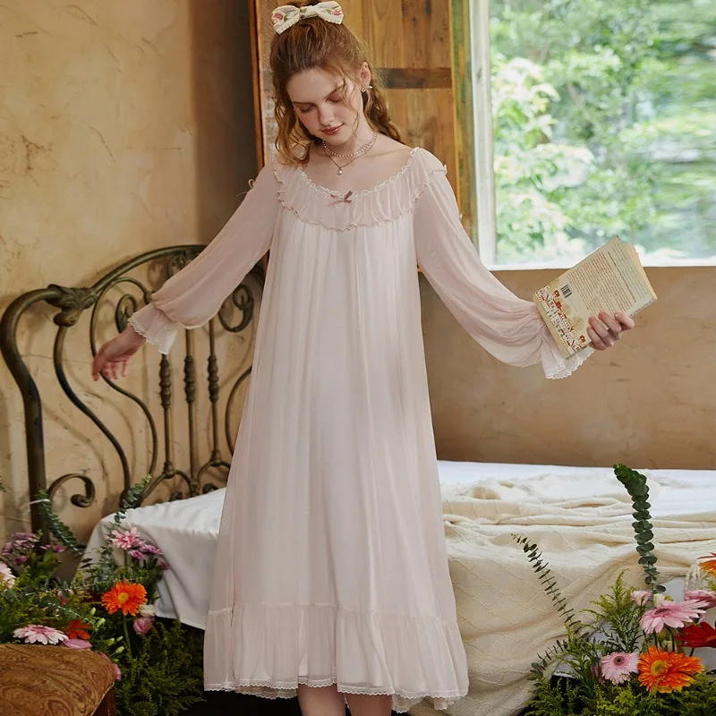 

Fashion Sleepwear Women Nightdress Cute Princess Pyjamas Long-Sleeve Nightgown Mesh Loose Loungewear