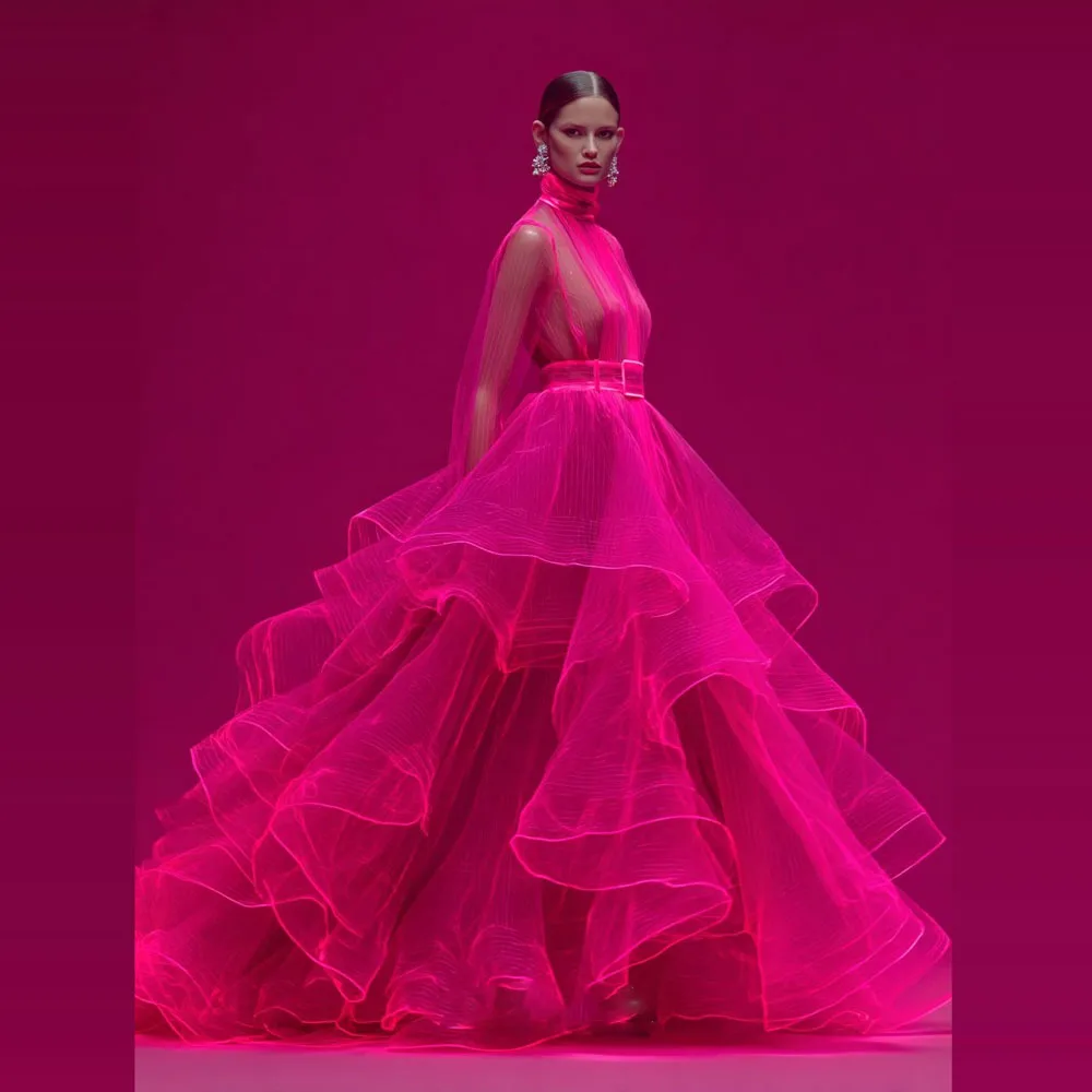 2026 sexy ver através de vestidos femininos alta pescoço ilusão mangas compridas babados em camadas vestidos de aniversário feminino vestido de dança formal