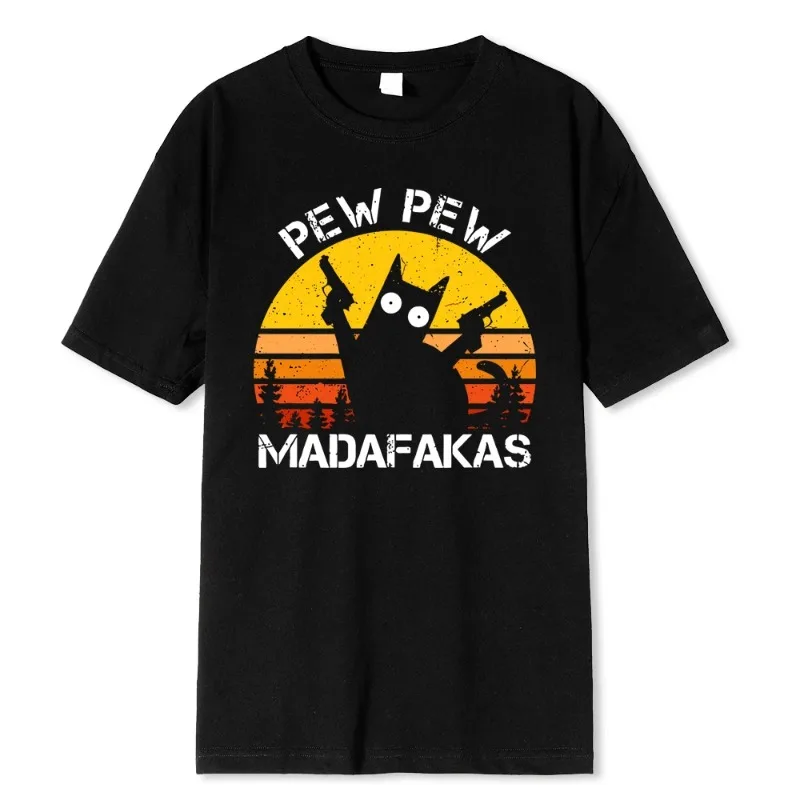 Pew Pew Madafakas Cat with Two Guns Print Men's Fashion Loose T-Shirt Summer Cotton Breathable Men's Clothes Street T-Shirt