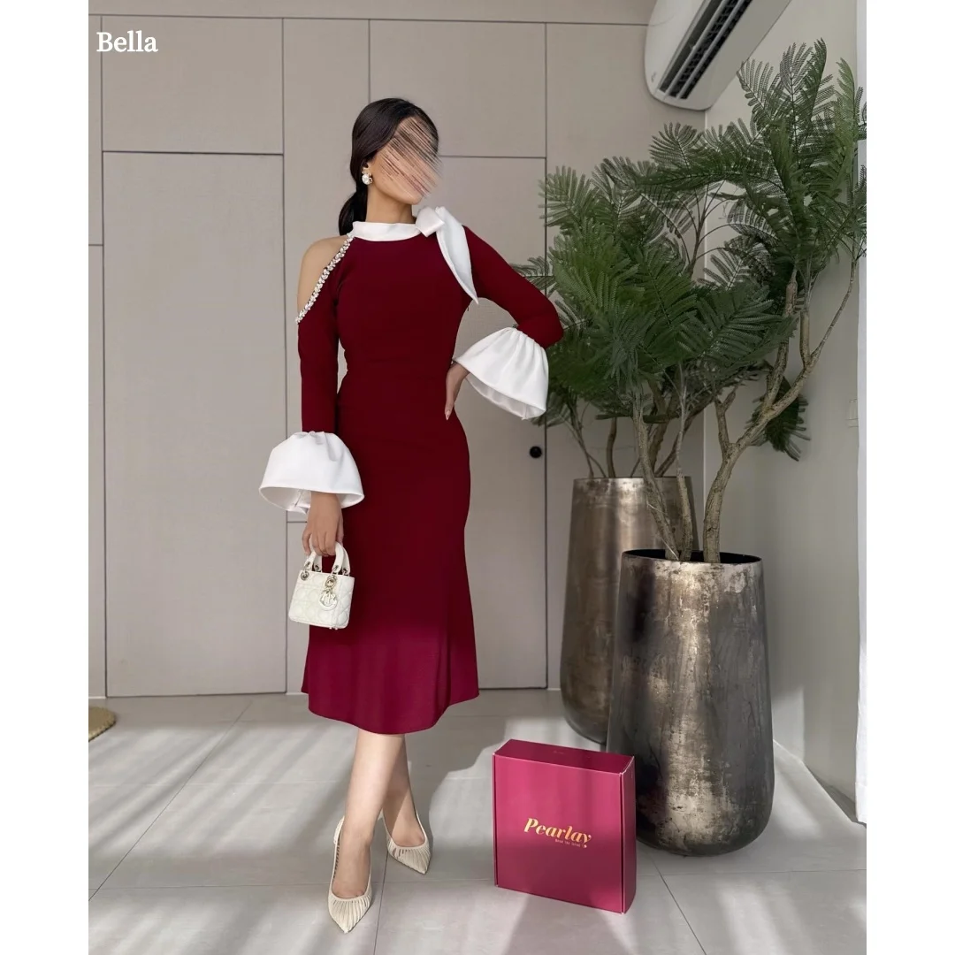 

Bella Customized Red Beading Bow Bell Sleeves robes de soirée Frenulum A-line Party Dresses Ankle-Length Satin Prom Dress 2025