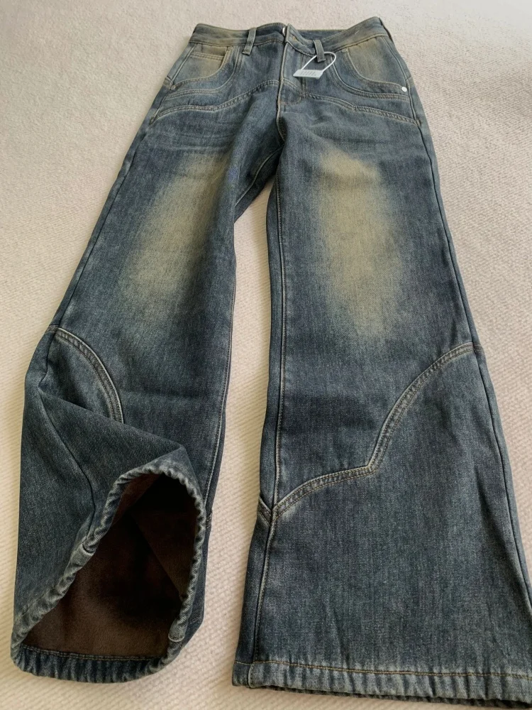 

Женские джинсы больших размеров с широкими штанинами, утепленные флисом, с высокой талией, расклешенные, осенне-зимние, свободные, стройнящие брюки