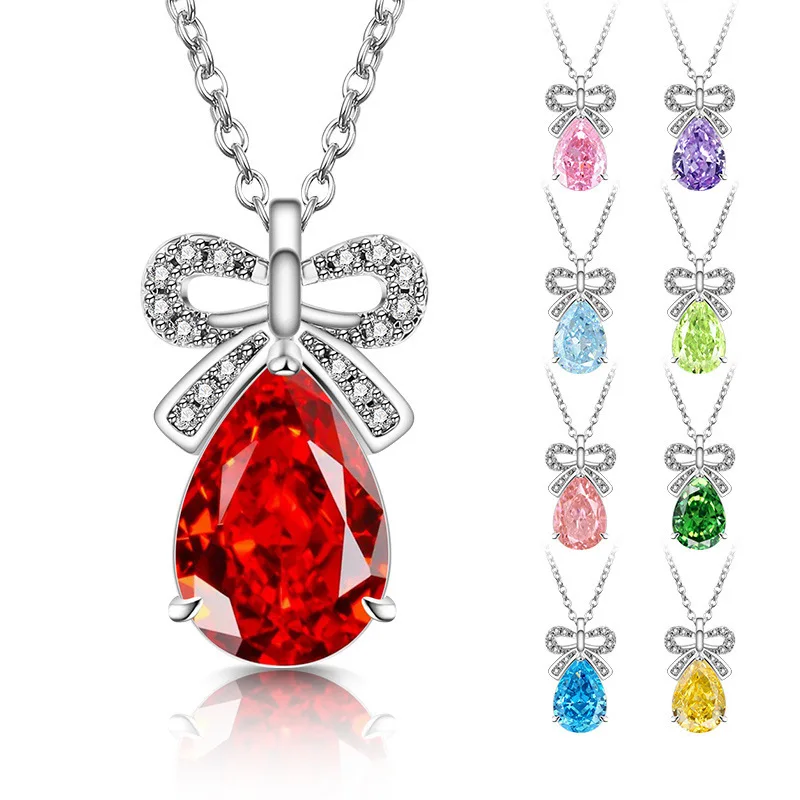 

925 Sterling Silver Ice Flower Cut Bow Zircon Pendant Inlaid with Crystal Zircon Water Drop Necklace Birthday Gift