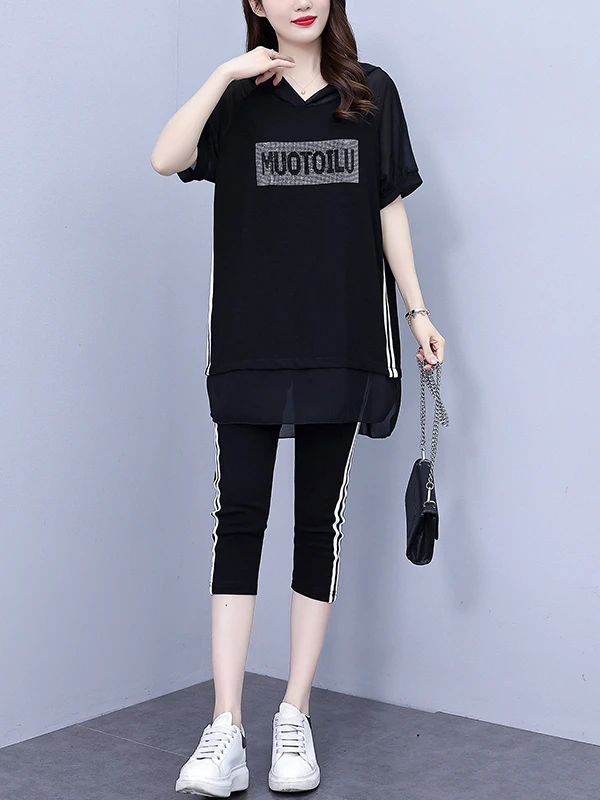 

plus Size Casual Sportswear Set Fashionable Summer New Loose Stylish T-Shirt Seven-Piece Pants Two-Piece Set for Women
