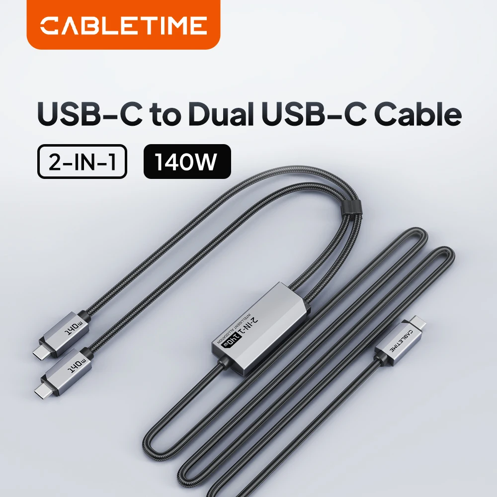 

Кабель CABLETIME USB-C 2-в-1 для ноутбуков и iPhone 17, двойной выход, быстрая зарядка 140 Вт, высокоскоростная передача данных 480 Мбит/с