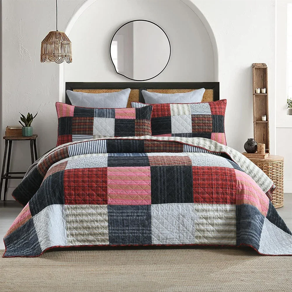 Checkered Pattern Patchwork Cotton Quilt Set 3PCS Bedspread on the Bed King Queen Size Quilted Coverlet Summer Comforter