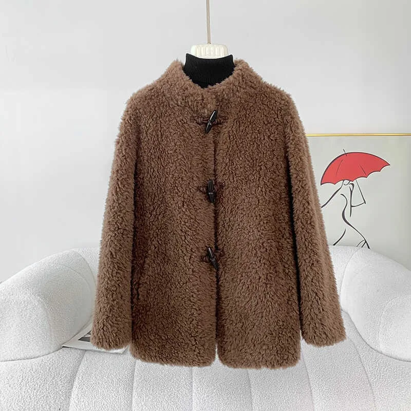 2024 Fall and Winter Stand Lapel Lamb Wool Horn Button Women Jacket Female Sheep Shearling Warm Casual Coat JT467