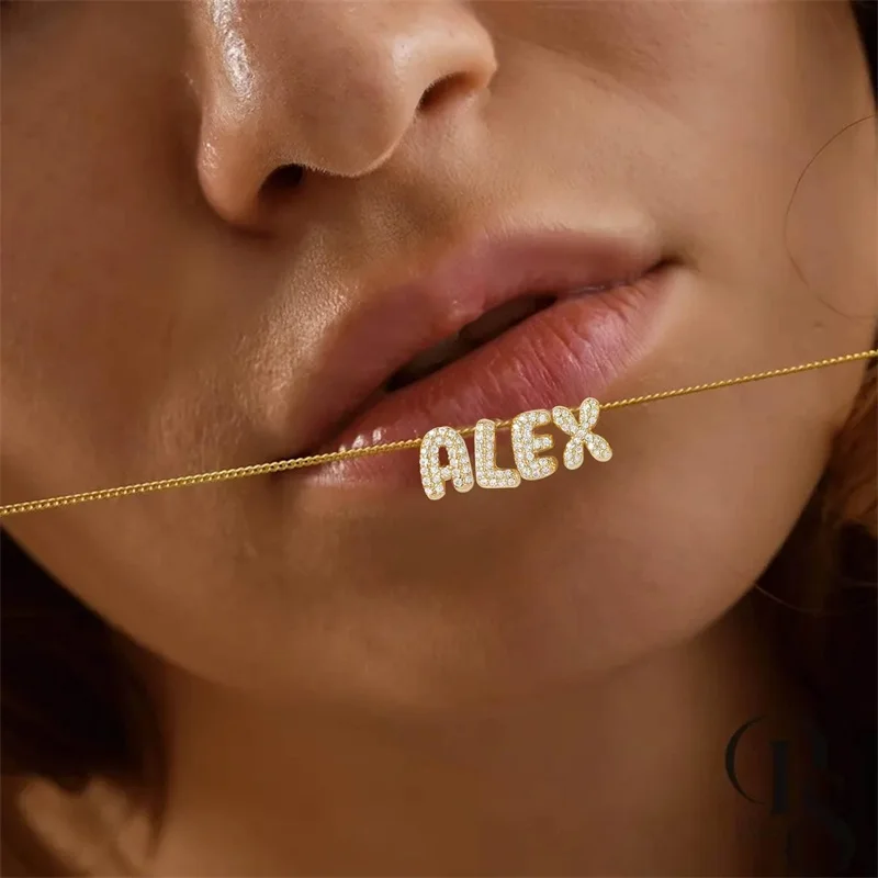 

Ожерелье с 3D буквами и бриллиантами на заказ, персонализированное начальное ожерелье с цирконом, изысканное ожерелье с именем из воздушного шара с покрытием из 18-каратного золота