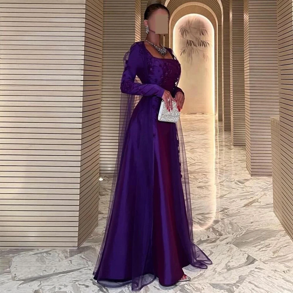 ExquisiteElegant Party Dresses Woman Purple Satin Net Applique Flower Ruched A-line Square Neck Long Dresses Formal Dress