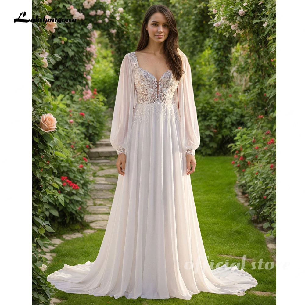 Lakshmigown Bohemisches, durchsichtiges Chiffon-Brautkleid mit langen Ärmeln für Strandhochzeiten, maßgeschneiderte Applikationen, V-Ausschnitt, Brautkleider nach Maß – Detail 5