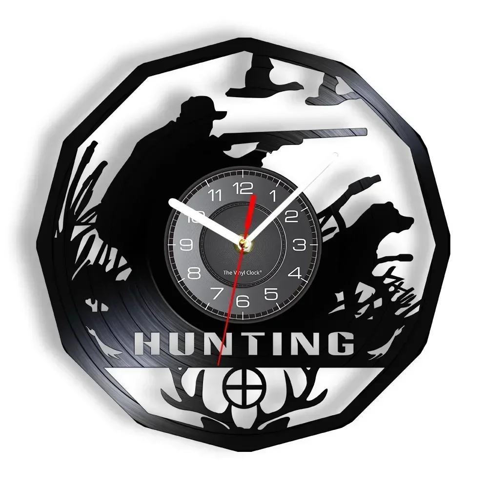 Deer Hunter Hunting Gift Wall Clock Retro Vinyl Record Wall Clock Animals Trophy Award Men Rifle Aiming Decorative Clock Watch