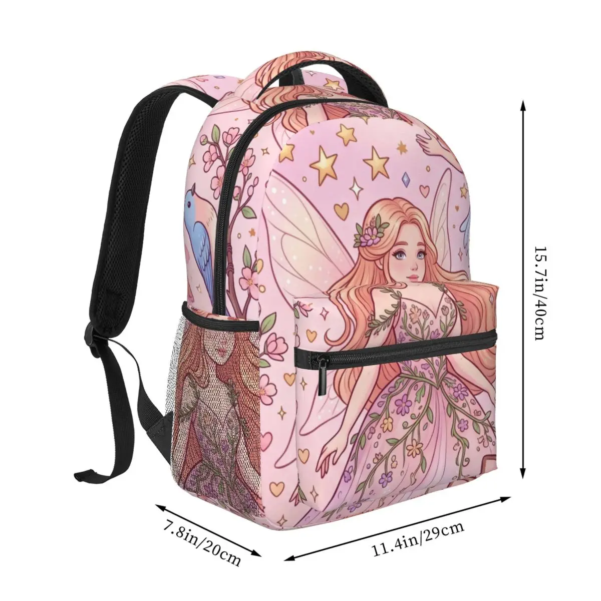Romantic Cute Backpack Allover Fairies Animals Whimsical Nostalgic Pastel Pink Multi Girls Bookbag for Valentine Birthday Daily