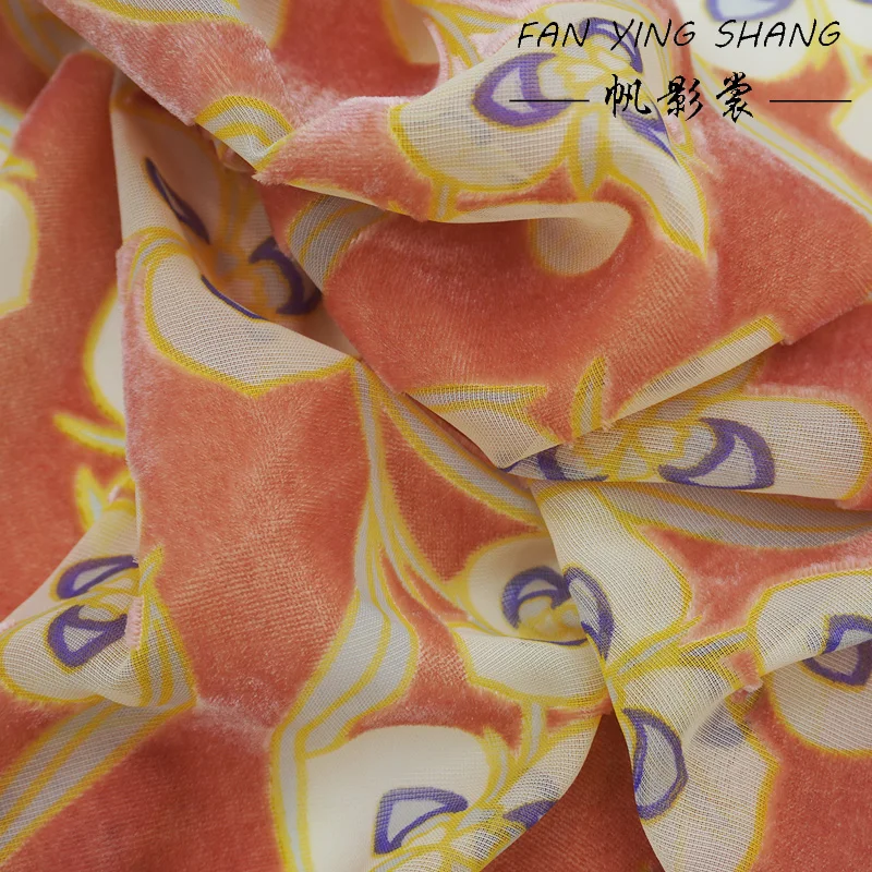 2026 Mesh Peach Heart Orange Yellow Flocking Velvet Fabric For Dress Telas Para Costura Tissus Couture ткань Cloth Tecido Diy