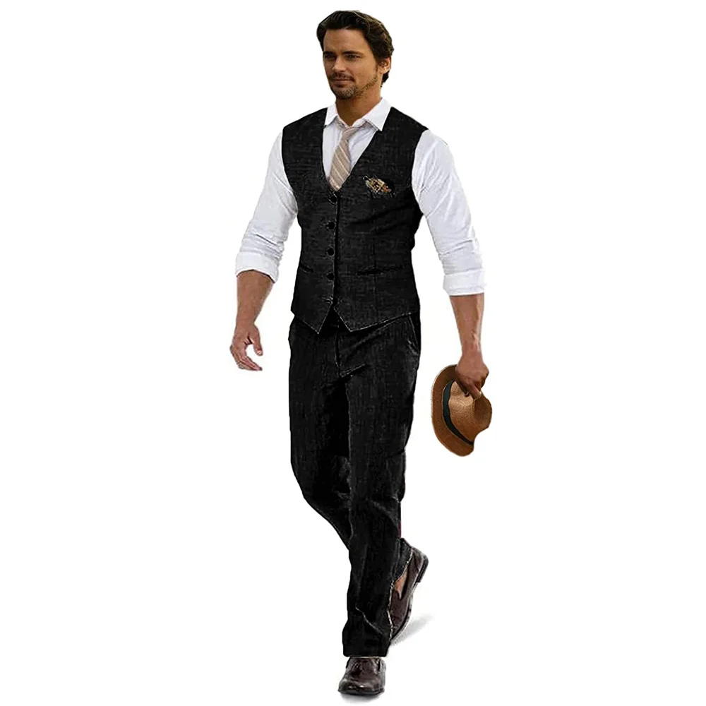 Men's Casual Linen Wedding Suits 2 Piece Suits Groomsmen Tuxedos Summer Beach Prom Vest and Pants Set