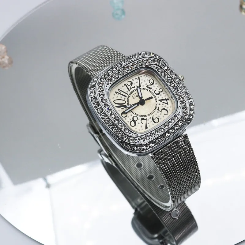 New Simple Square Ladies Shiny Full Diamonds Quartz Watch Casual Stainless Steel Dress Women's Clock Wristwatch
