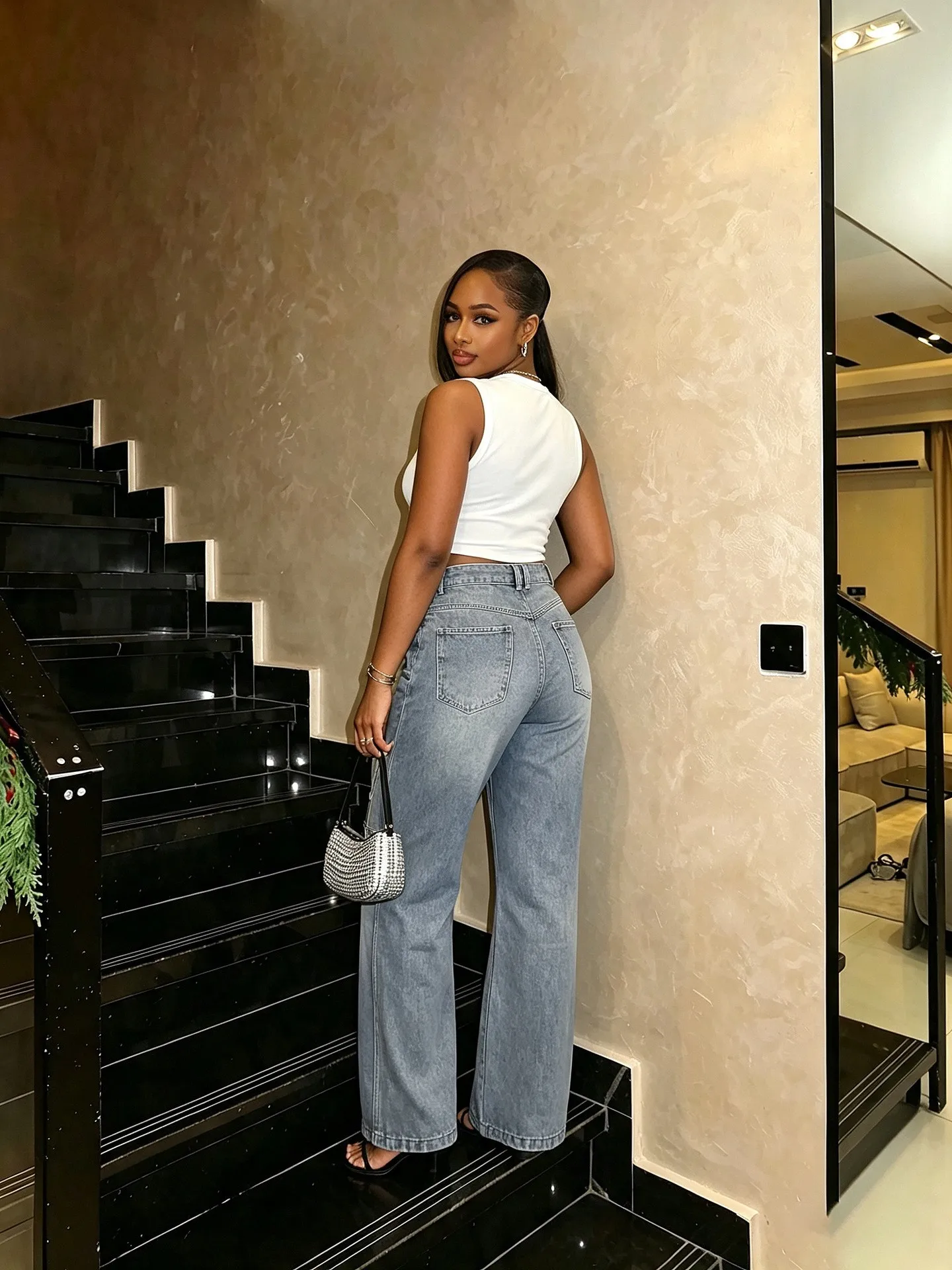 Retro Washed High Waist Straight Leg Slimming Women's Wide Leg Jeans Cross-Border Cotton Denim Pants with Button Detail