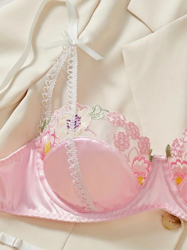 Fairy Sexy Lingerie Pink Embroidery Bra Sets Beautiful Women Underwear Ultra-thin Fancy Lingerie Three-Point Intimate Sex Suit