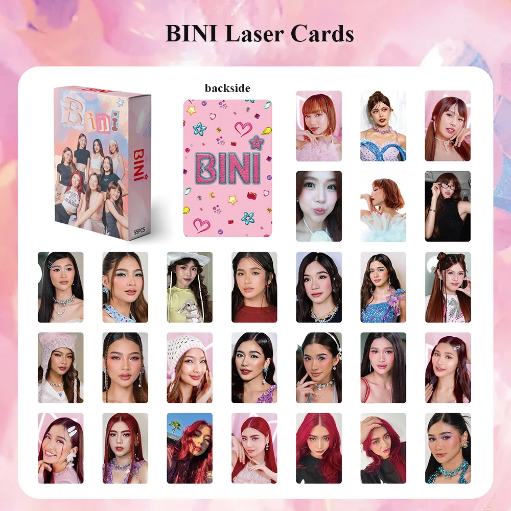 

55Pcs/Set BINI BINIVerse Album Laser Photocards Colet Mikha Maloi Fashion Double Sides Lomo Cards Postcards Fans Collectibles