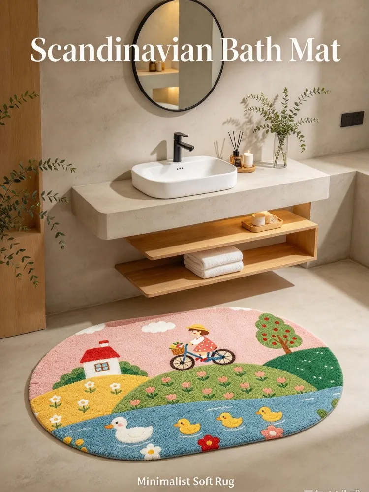 VIKAMA Cute Cartoon Girl Cycling Bathroom Mat, Soft Plush Absorbent Bath Rug, Non Slip Oval Door Mat with Duck House Floral Patt