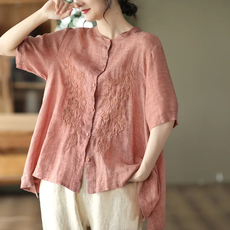 Casual women Cotton Linen Stand Collar Blouse Shirts 2022 New Vintage Floral Embroider Loose Comfortable Female Tops Shirt