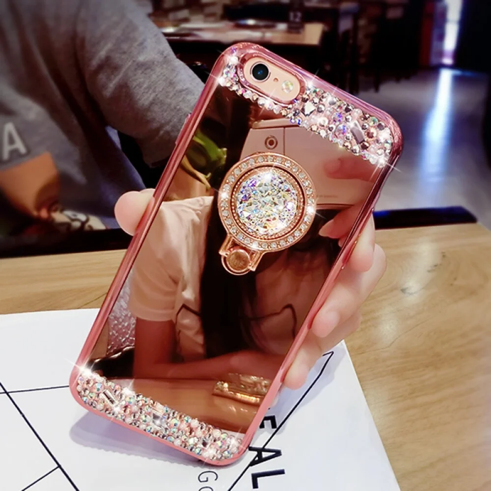 Diamond Soft TPU Crystal Rhinestone Glitter Mirror Ring Holder Stand Phone Case For Samsung S22 Plus S23 S21 FE S20 Ultra S10