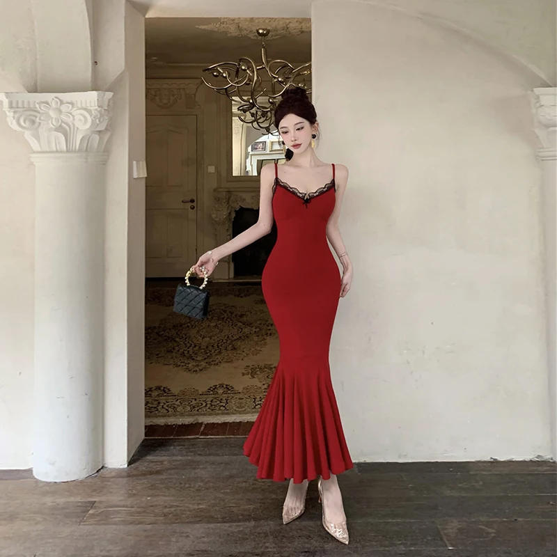 الرغبة النقية مثير الدانتيل الخامس الرقبة فستان بروتيل المرأة S ذيل السمكة فستان طويل