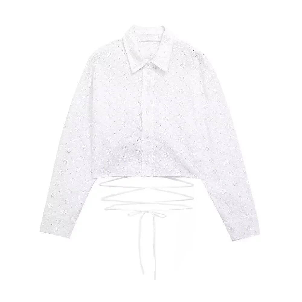 

Taop&Za 2024 Autumn New Women's Fashion Leisure Versatile Design Sense Backless Hollow Embroidery Short Shirt