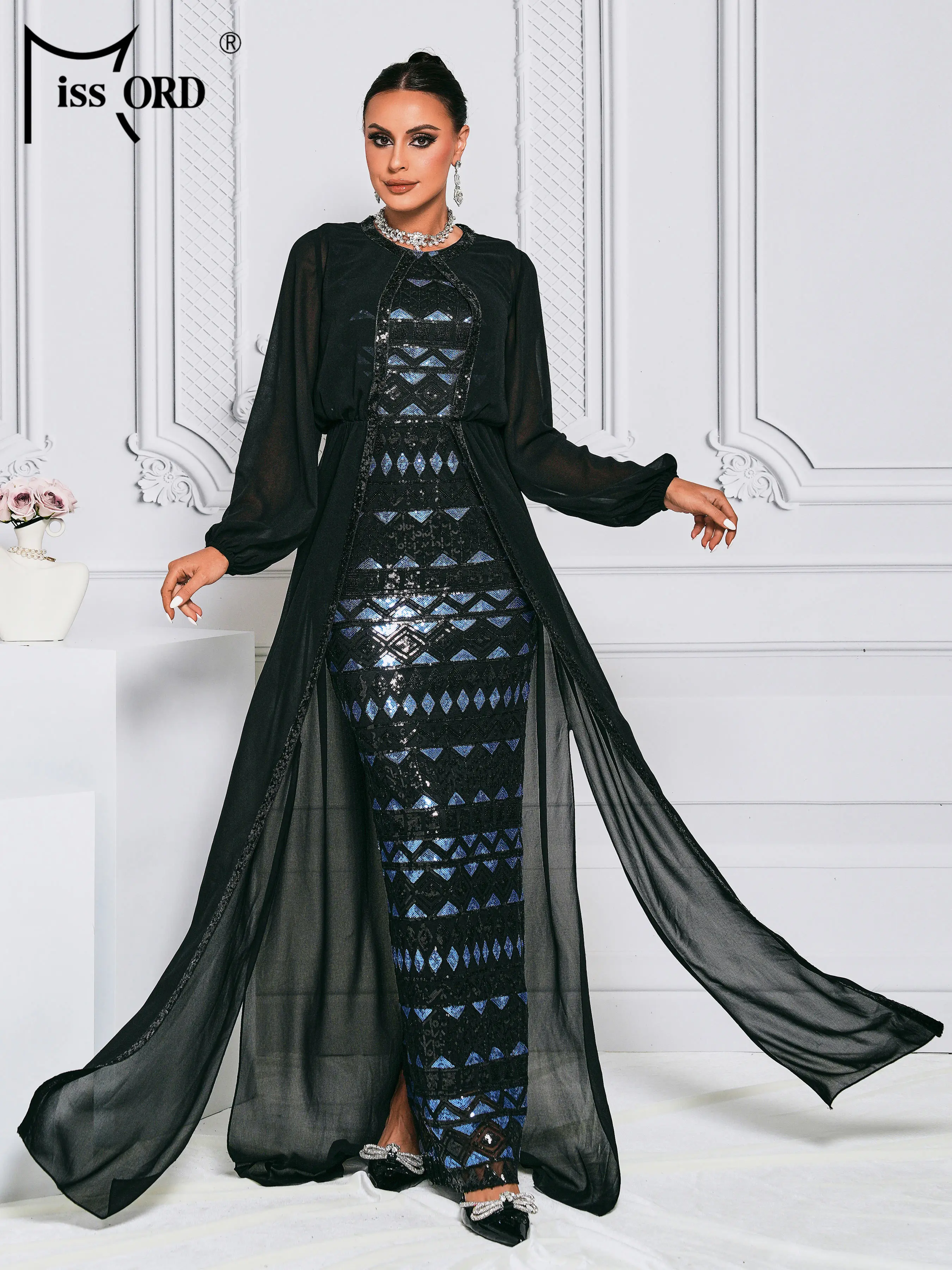 

Missord 2024 Black Round Neck Long Sleeved Ethnic Style Evening Gown Formal Occasion Chic Elegant Woman Middle East Prom Dress