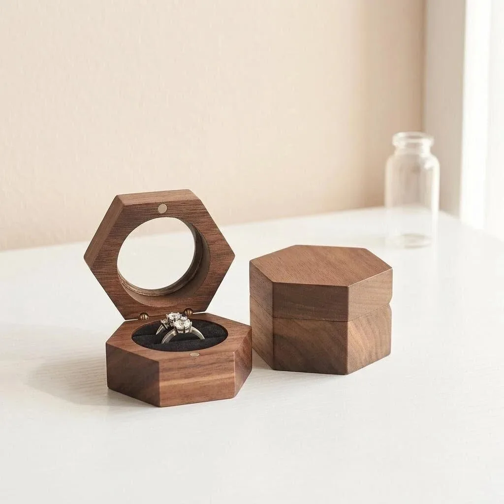 Hexagon Walnut Wood Ring Box With Transparent Window,Magnetic-Clasp Engagement  Ring Case Vintage Wooden Jewelry Storage Box