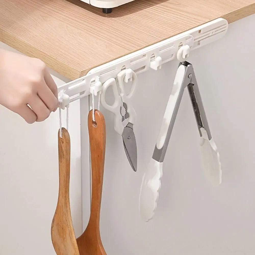 Kitchen Space-saving 5 Hooks Punch-free Pull-out Rack Organizer Wall Mounted Rack Towel Holder Coat Rack Hooks Plastic Hanger