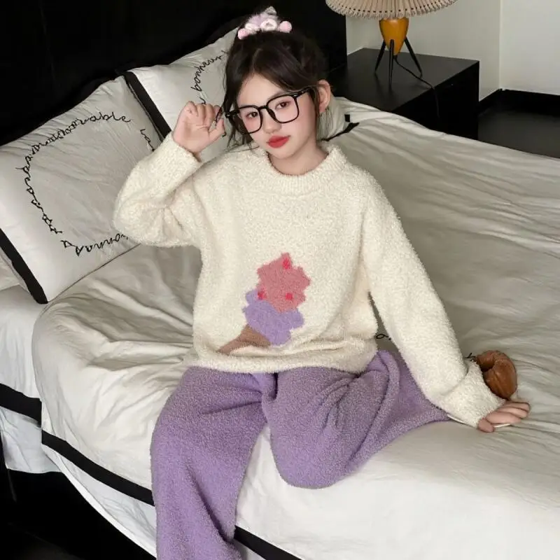 Kawaii فتاة موضة بيجامة مجموعة طالب الشتاء الدفء عادية الفانيلا رشاقته القمم السراويل الطويلة 2 قطعة مجموعة ملابس الأطفال #4