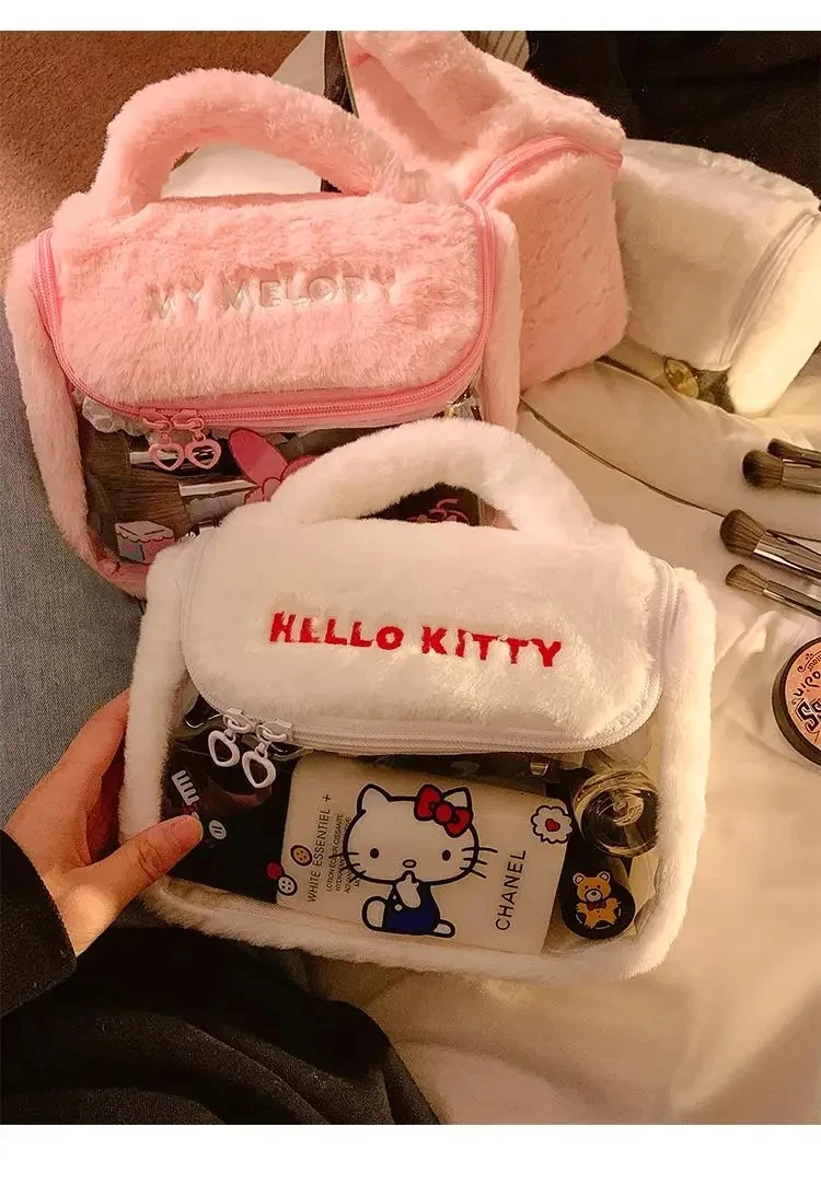 

Kawaii Hello Kitty Plush Makeup Bag For Girls High Beauty Handheld Portable Bag Cartoon Fashion Large Capacity Travel StorageBag