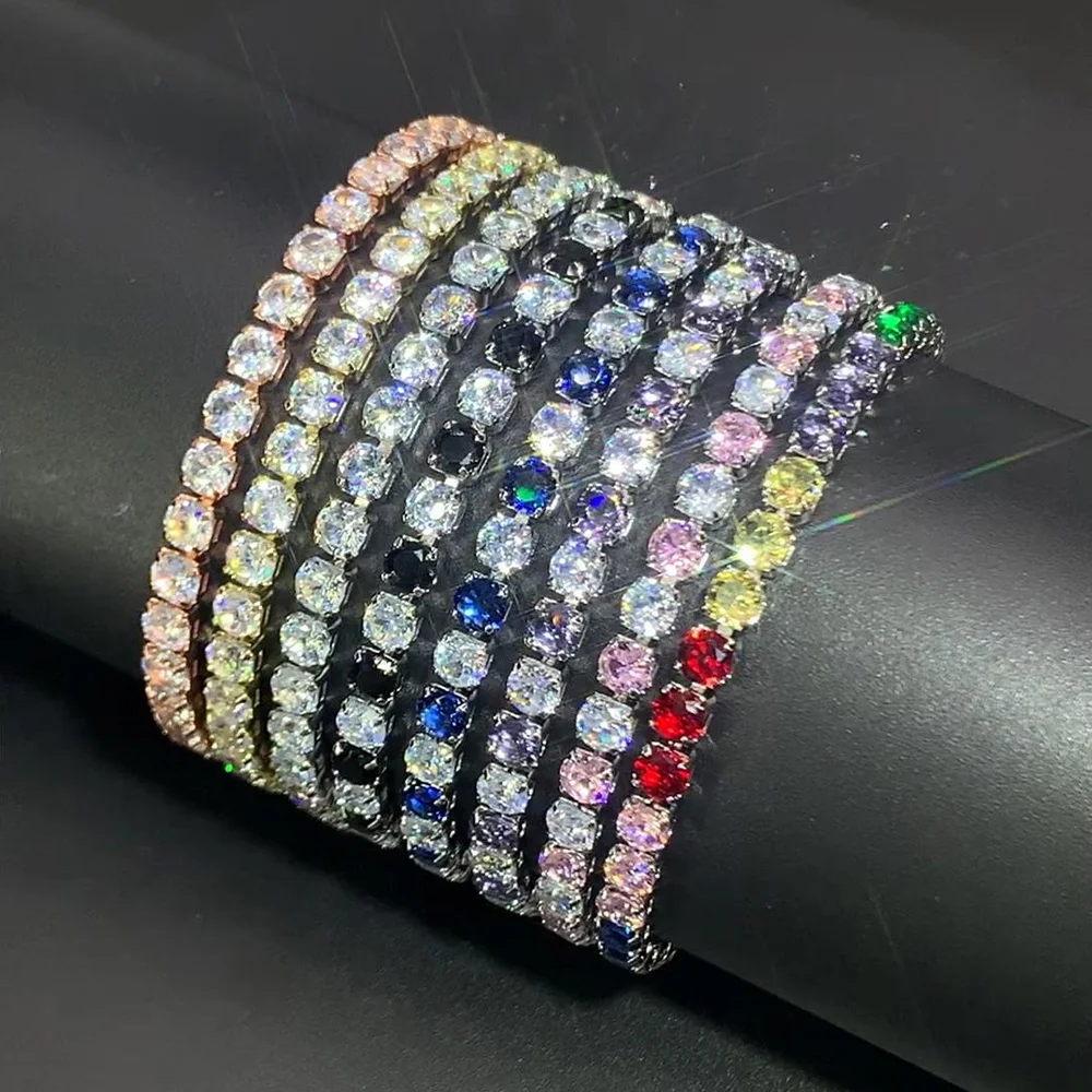 Colorful Zircon Tennis Bracelet Bangle for Women Luxury Silver Color 4mm Rainbow Crystal Hand Chain Jewelry Friend Gifts H027-M