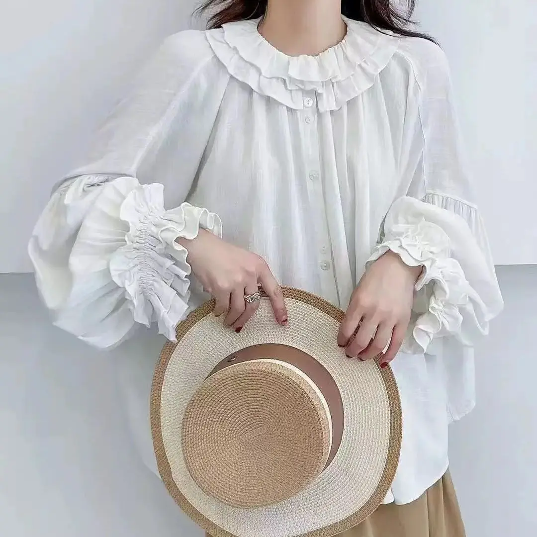 Mori kei Japanese fashion sweet shirts women plus size tops ruffled shirts long sleeve blouses doll blouses cute clothes