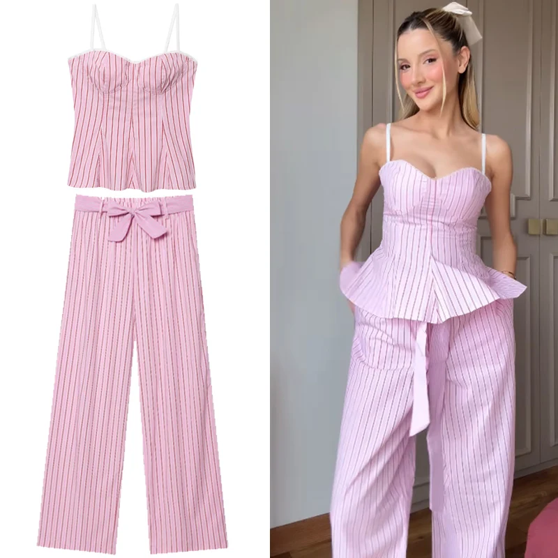

HXAO Striped Pant Sets Women's Two Pieces Set Crop Slip Top Vest Set 2 Piece Woman Suit Chic Bow High Waist Trousers Set Outfit